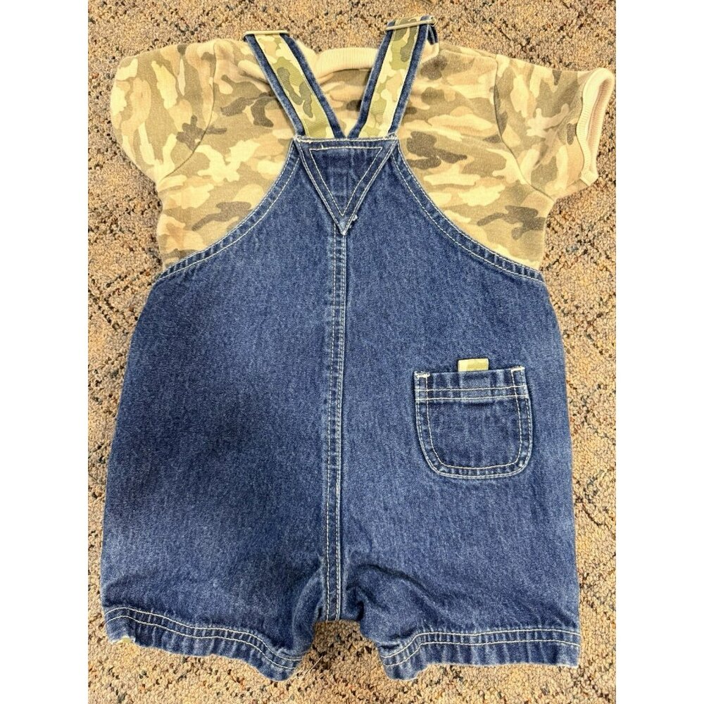 Vintage GREENDOG Blue Denim Overall Shorts With Camo T Shirt Size 18 Mo - Picture 5 of 14